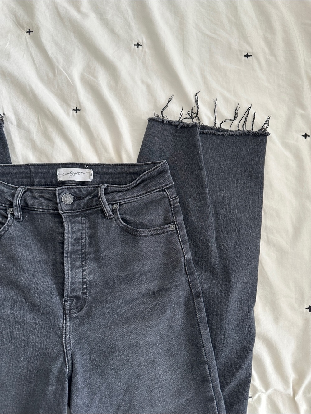 High-Rise Black Jeans with Frayed Hem, Wide Leg - Women's